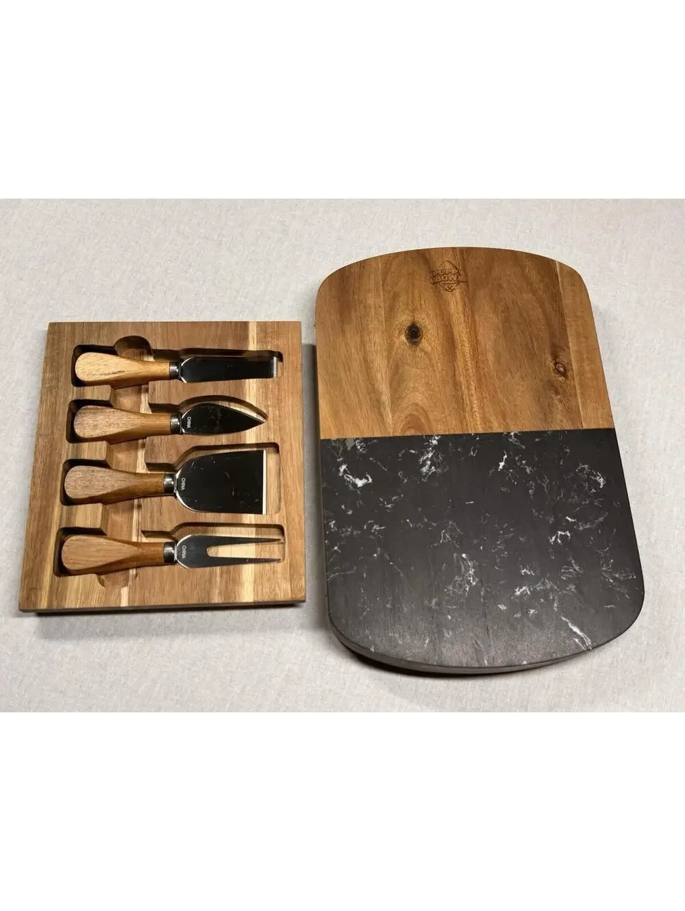 Puppy Bowl Black Marble And Wood‎ Charcuterie Cheese Board Set 4 Piece Utensils